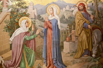 Mosaic depiction of the Virgin Mary visiting St Elixabeth when she uttered her Magnificat (the Rosary Basilica, Lourdes) By Fr Lawrence Lew OP on Flickr CC BY-NC-ND 2.0