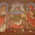 Part of the tiled wall in All Saints' church, Margaret Street, depicting the birth of Jesus Christ. The Lord lies in a manger, looked on by his mother, the Virgin Mary, and his foster father, St Joseph. Angels rejoice overhead and the shepherd and wise man (Magi) approach in humble adoration.